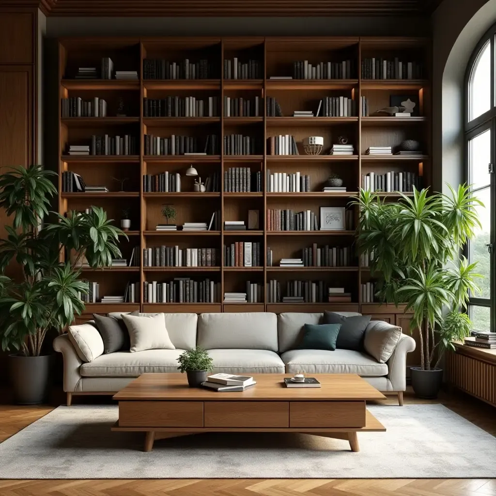 a photo of a library with a wooden coffee table and plants