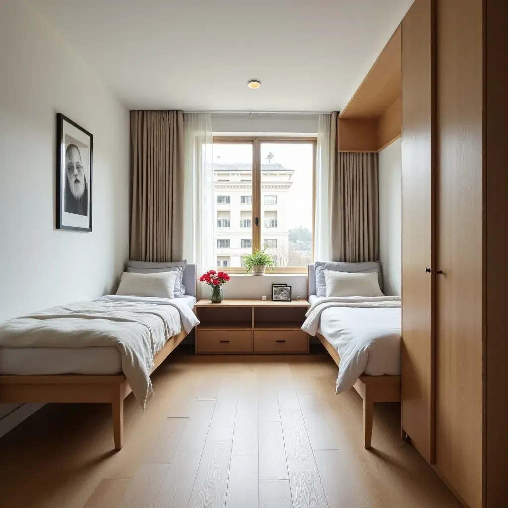 a photo of a compact shared bedroom with multifunctional furniture and ample natural light