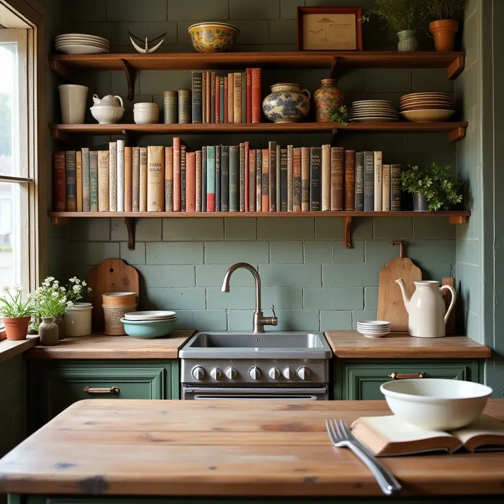 a photo of a kitchen with a collection of vintage cookbooks on display