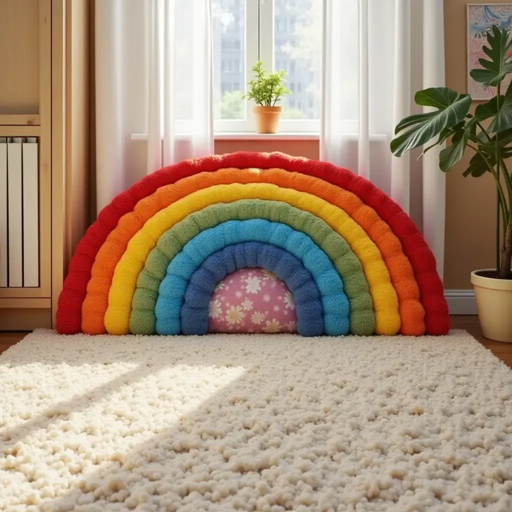 a photo of a rug featuring a giant rainbow in a playful setting