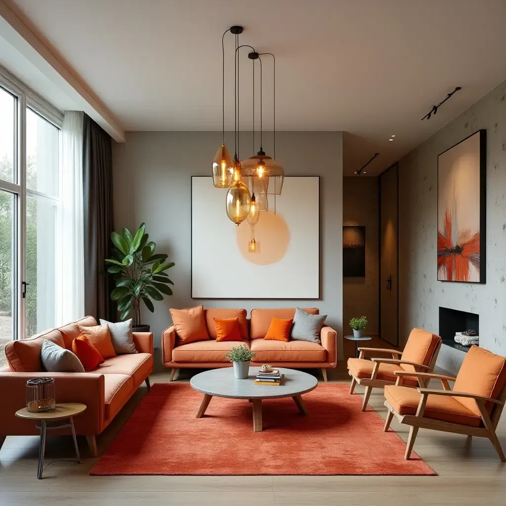 a photo of a mid-century modern living room showcasing unique pendant lights and vibrant accents