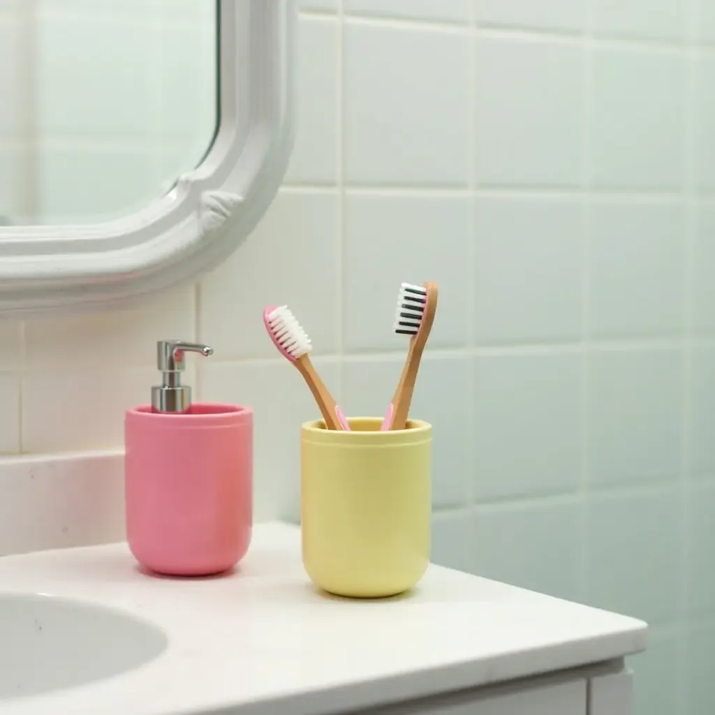 a photo of a bathroom with a colorful toothbrush holder