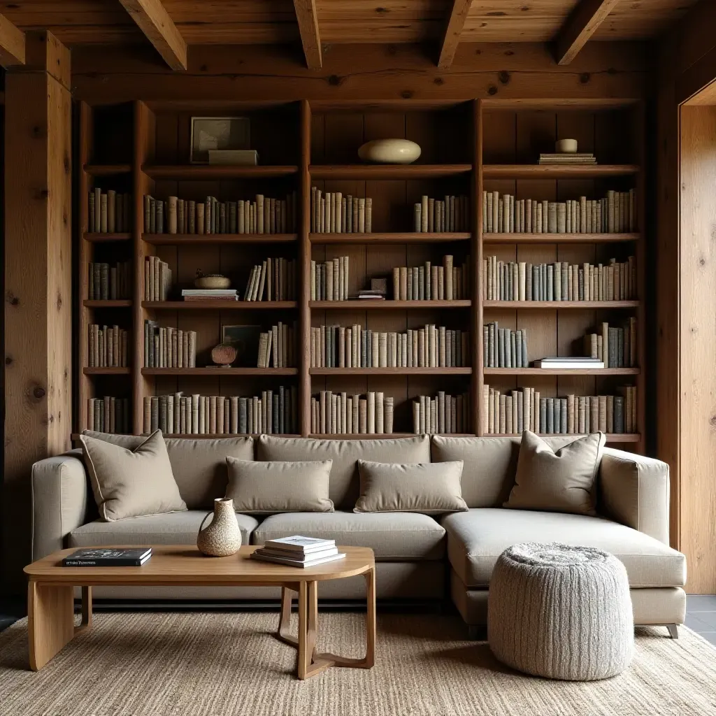 a photo of a rustic library with woven fabrics and reclaimed wood