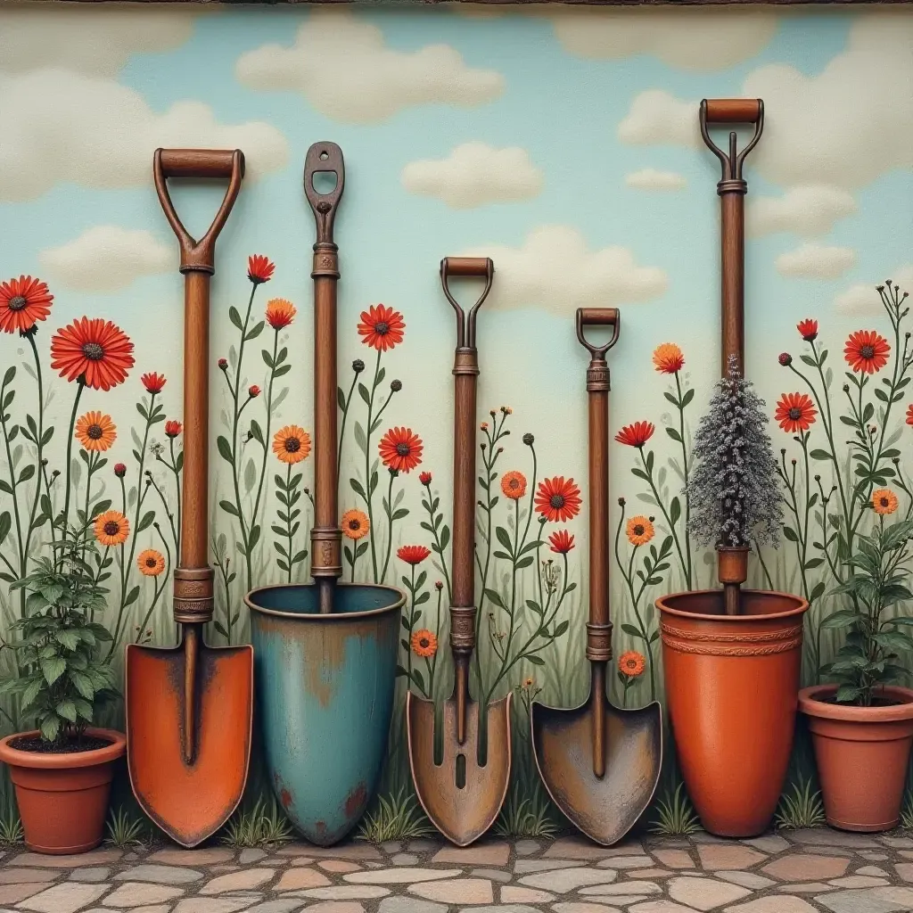 a photo of a vintage-inspired mural with garden tools