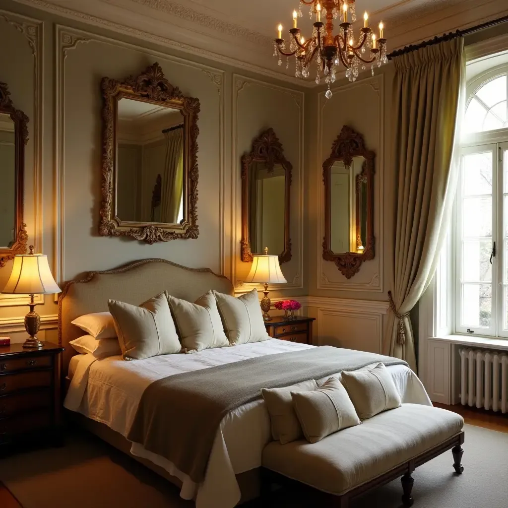 a photo of a traditional bedroom with ornate mirrors and warm lighting