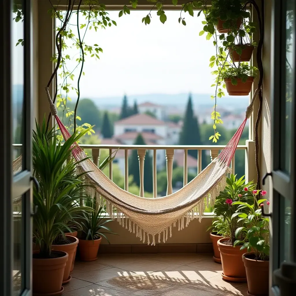 a photo of a balcony decorated with potted plants and a hammock