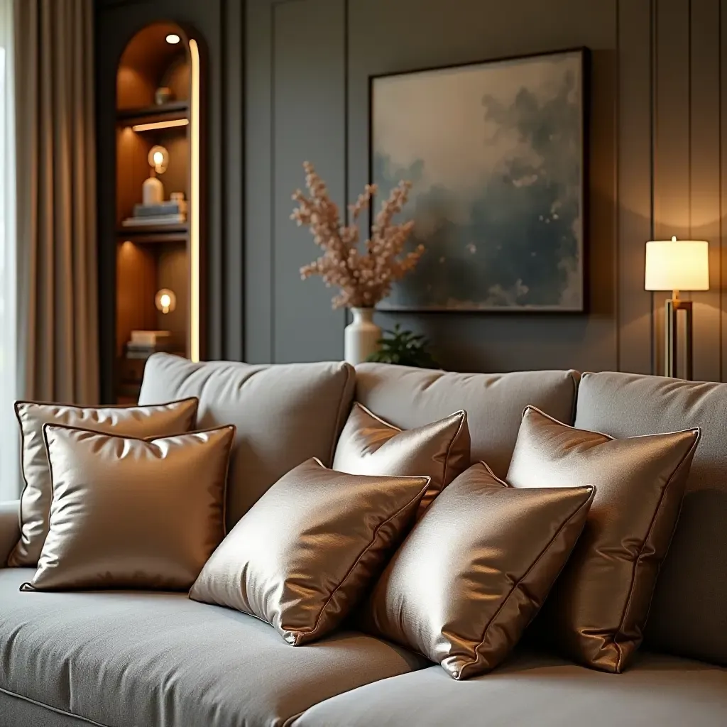 a photo of a luxurious living room with metallic throw pillows and accents