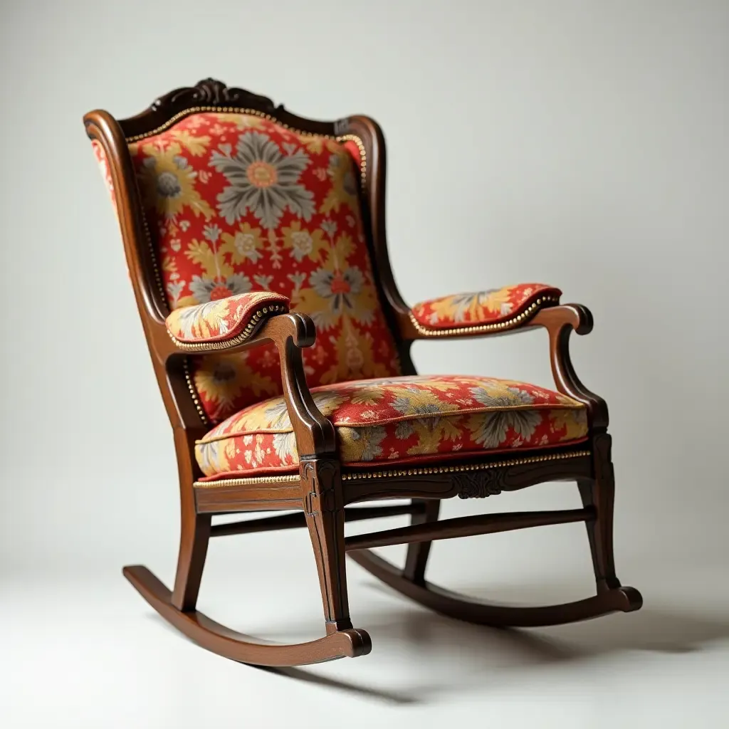 a photo of a vintage rocking chair with colorful cushions