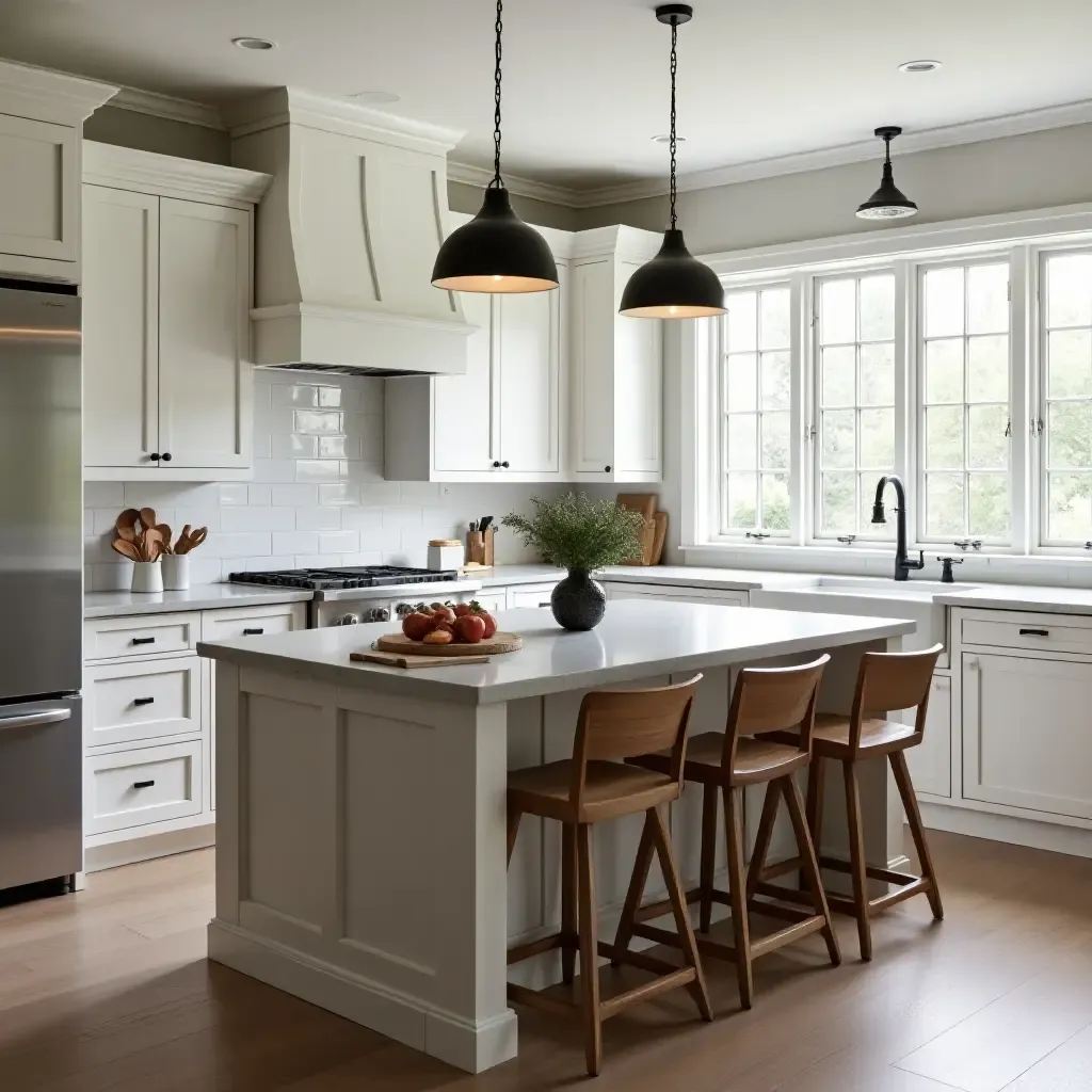 a photo of a kitchen with farmhouse-style bar stools and pendant lights