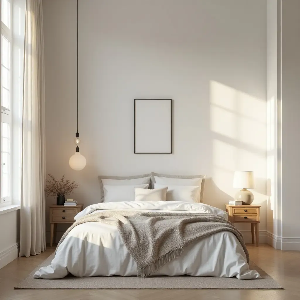 a photo of a serene Scandinavian bedroom with soft lighting and calming decor