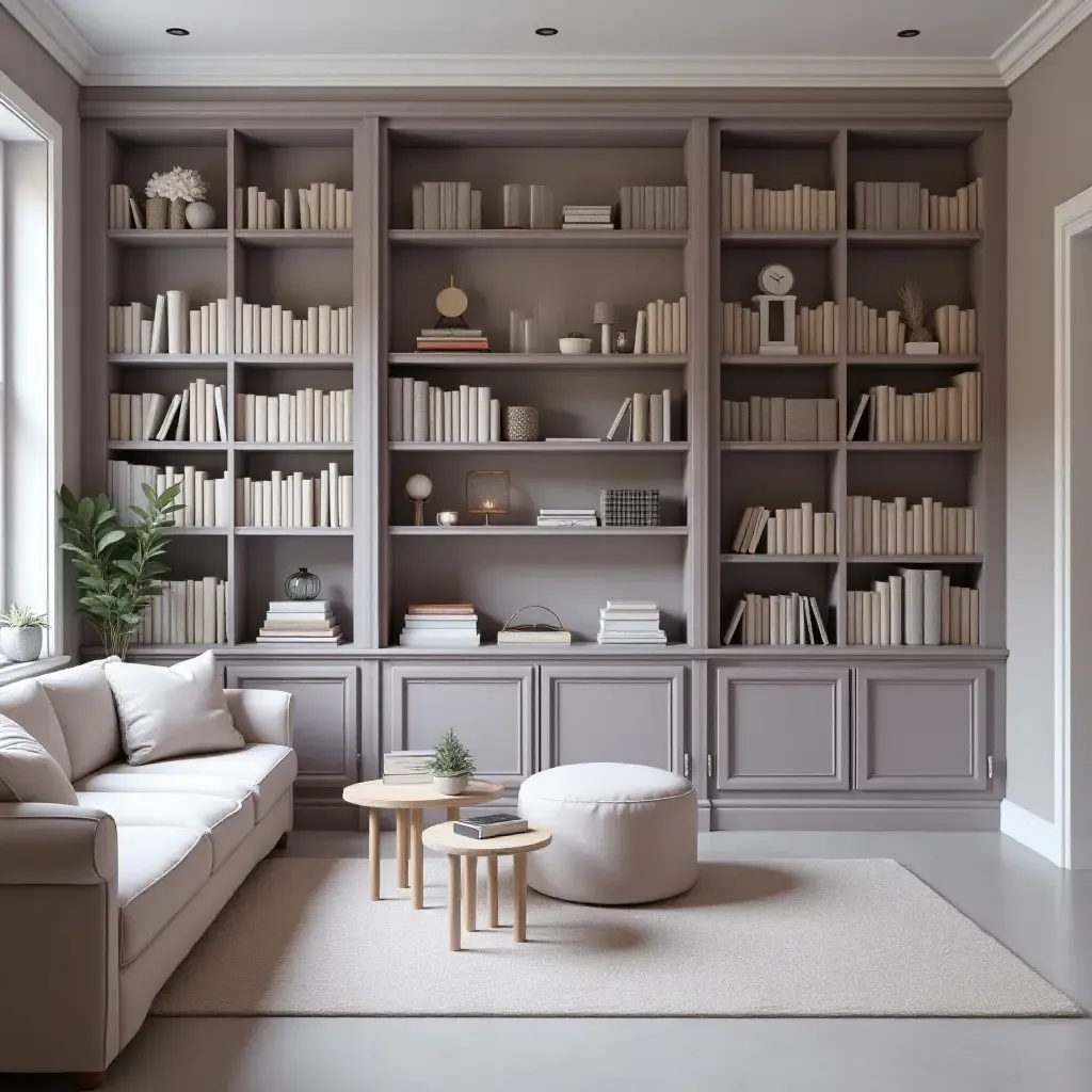 a photo of a calming lavender and soft gray library with cozy nooks