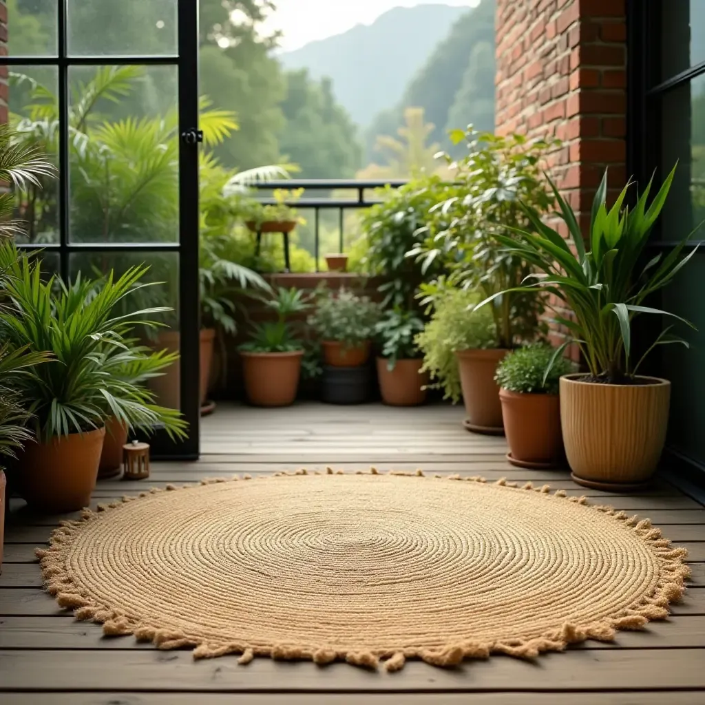 a photo of an eco-friendly bamboo rug on a sustainable balcony