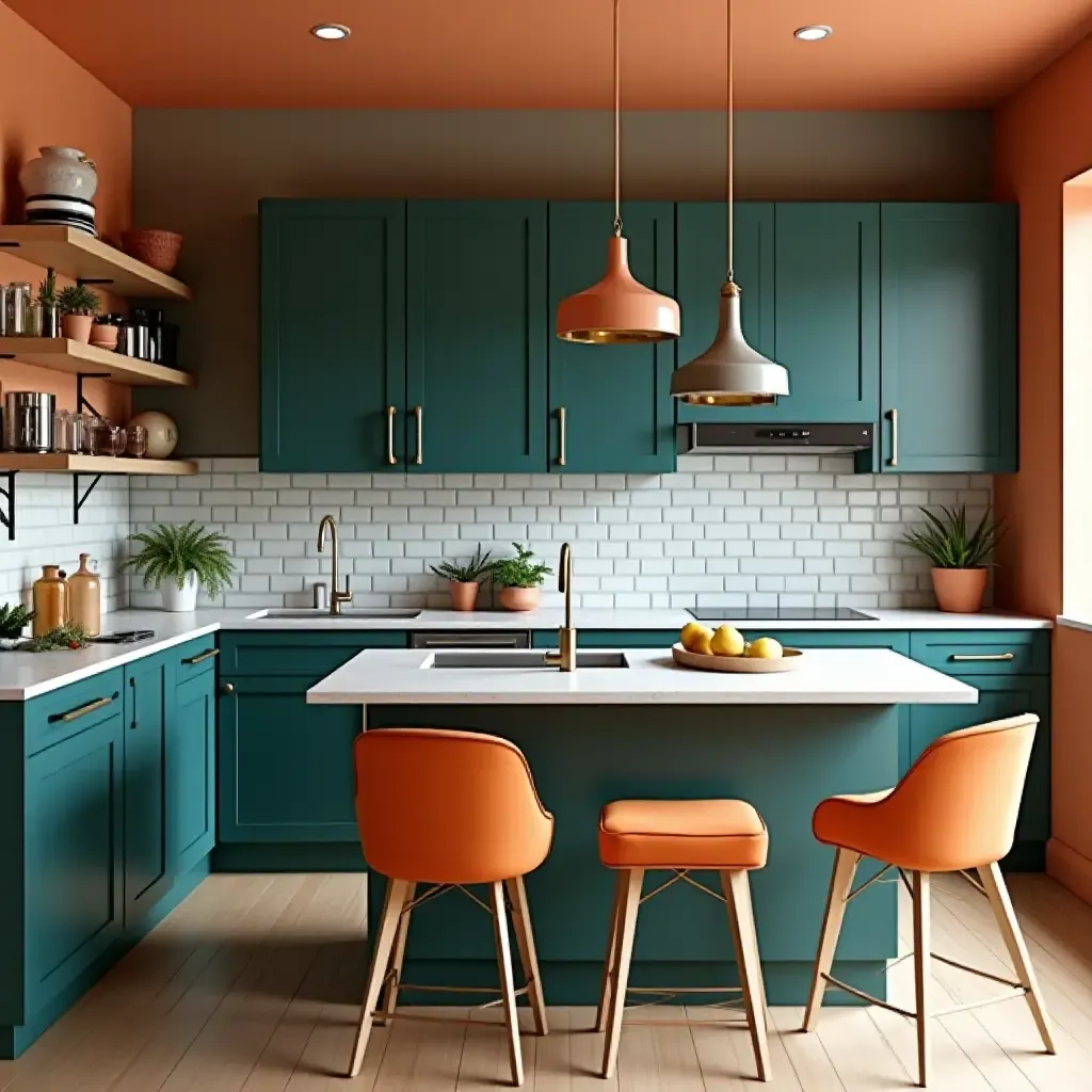 a photo of a trendy teal and burnt orange kitchen with eclectic decor