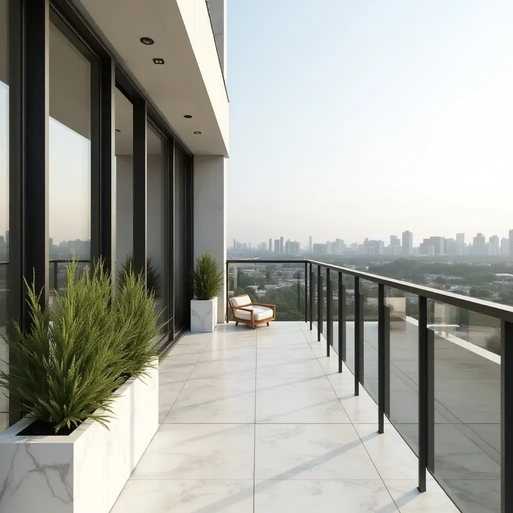 a photo of a minimalist balcony design with marble planters and modern decor