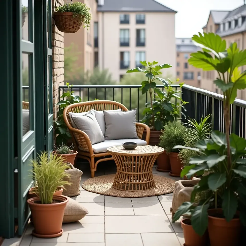 a photo of a balcony with a cozy seating area and organized plant pots