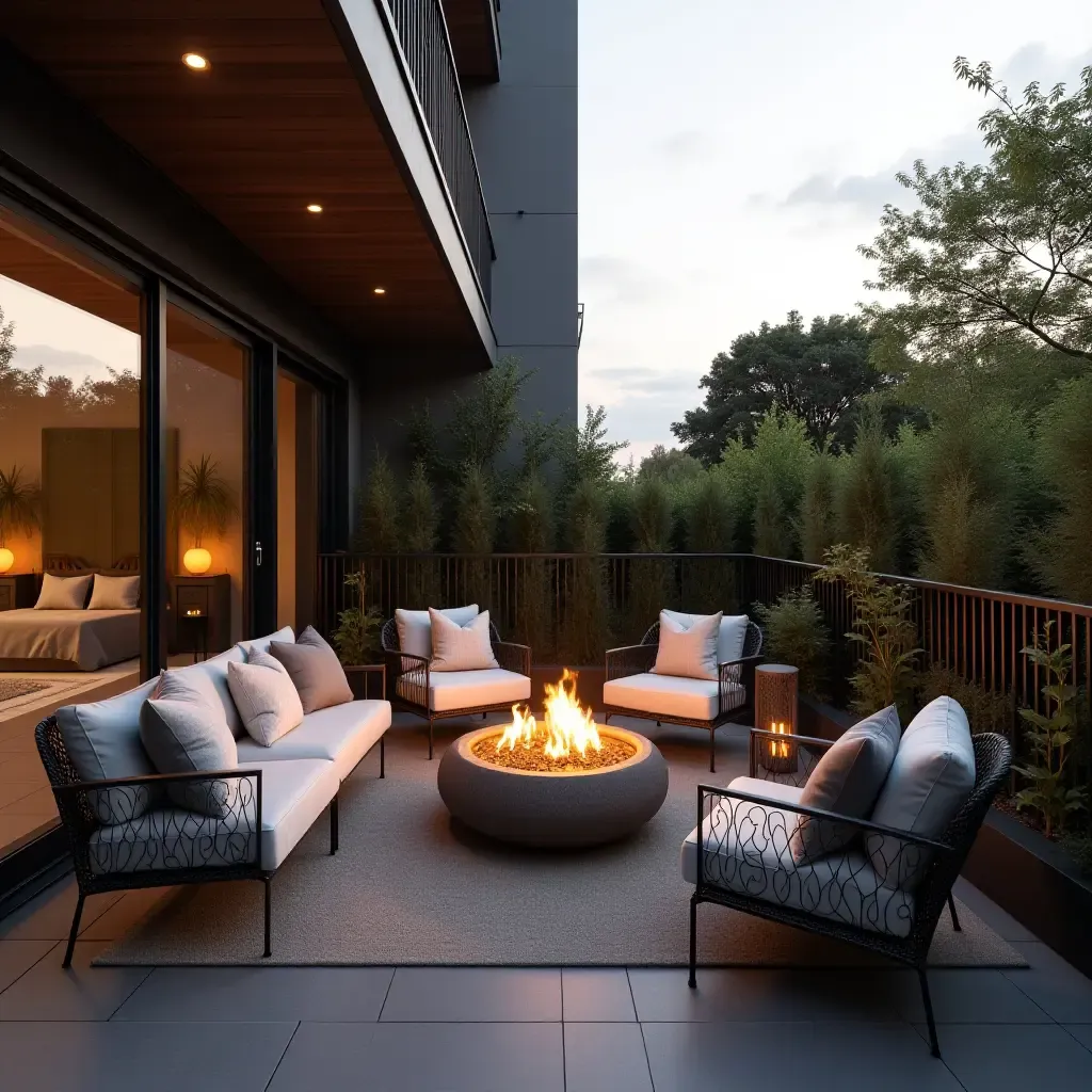 a photo of a balcony with a small fire pit and seating area