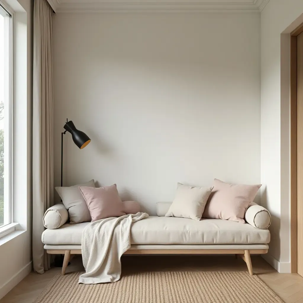 a photo of a reading nook with a modern aesthetic and minimalist decor