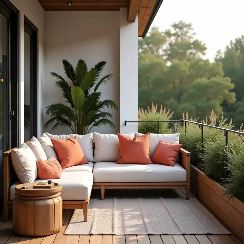 a photo of a balcony with throw pillows adding a pop of color