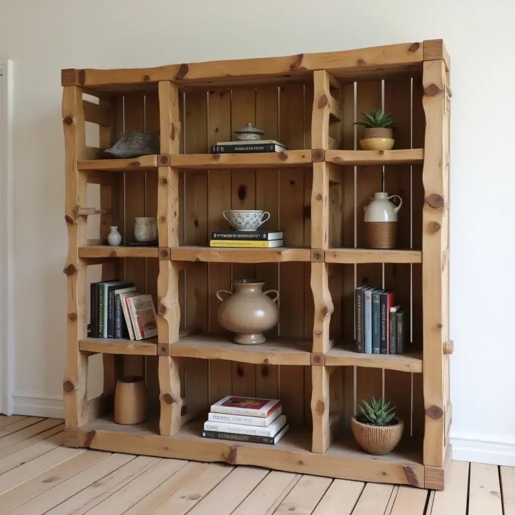 a photo of a rustic bookshelf made of reclaimed wood with handmade crafts