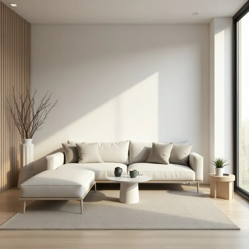 a photo of a minimalist living room with geometric furniture and soft lighting