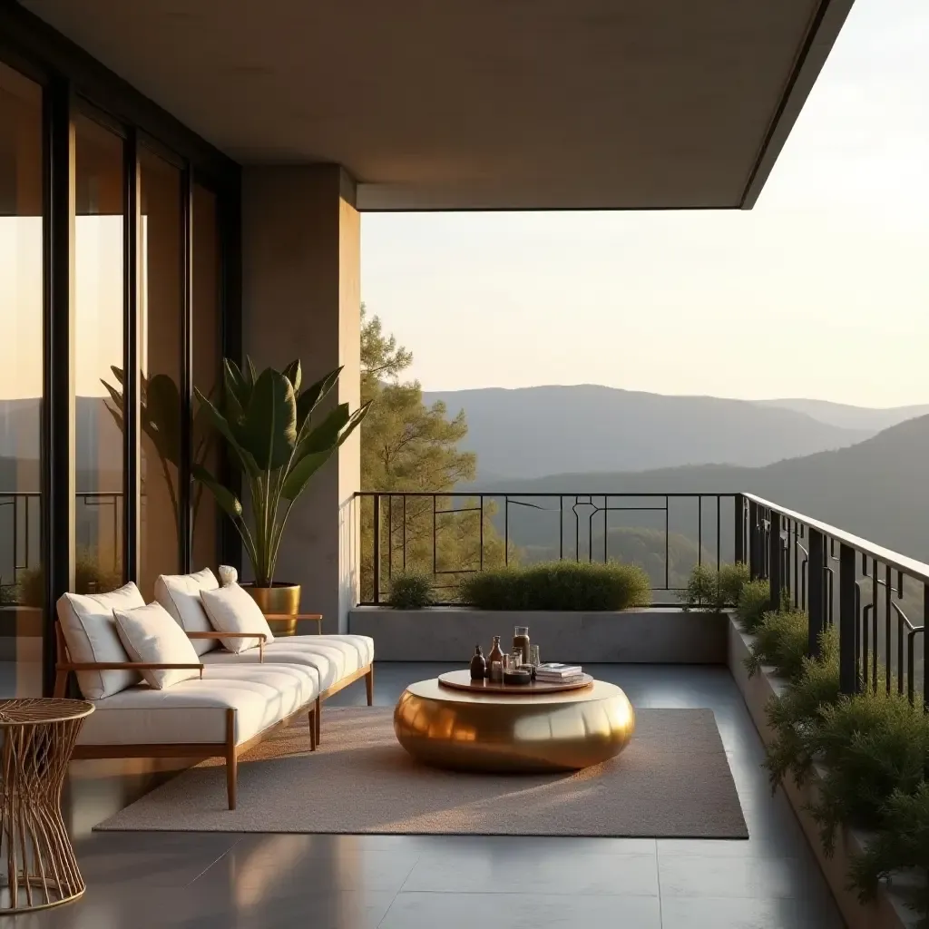 a photo of a balcony featuring metallic accents and a serene ambiance