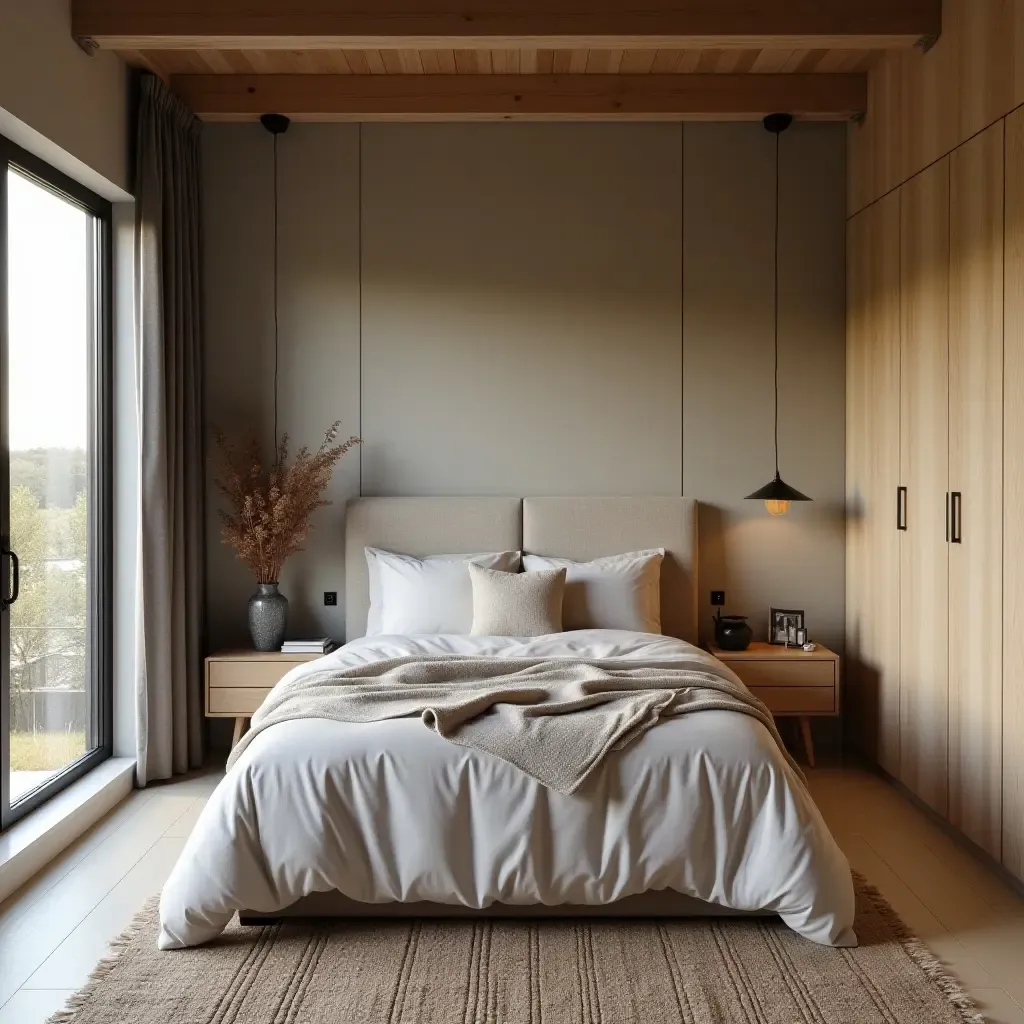 a photo of a small modern rustic bedroom with a focus on sustainable design elements