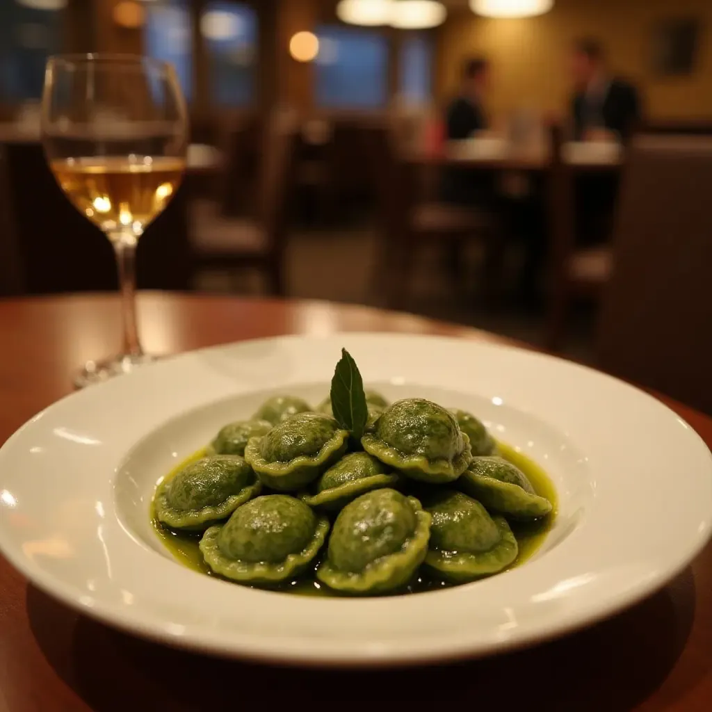 a photo of a cozy Italian trattoria serving a plate of Strangolapreti, spinach dumplings with butter and sage.