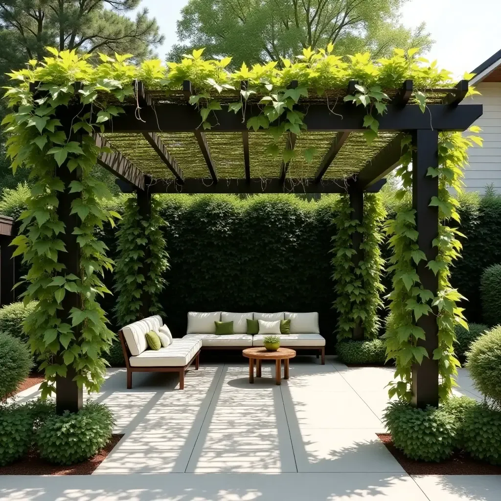 a photo of a concrete patio with a pergola and climbing plants