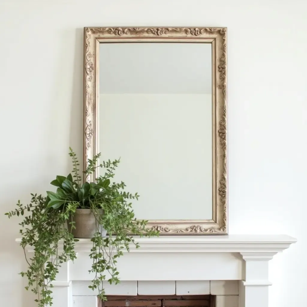 a photo of a farmhouse-style mantel showcasing a distressed mirror and greenery