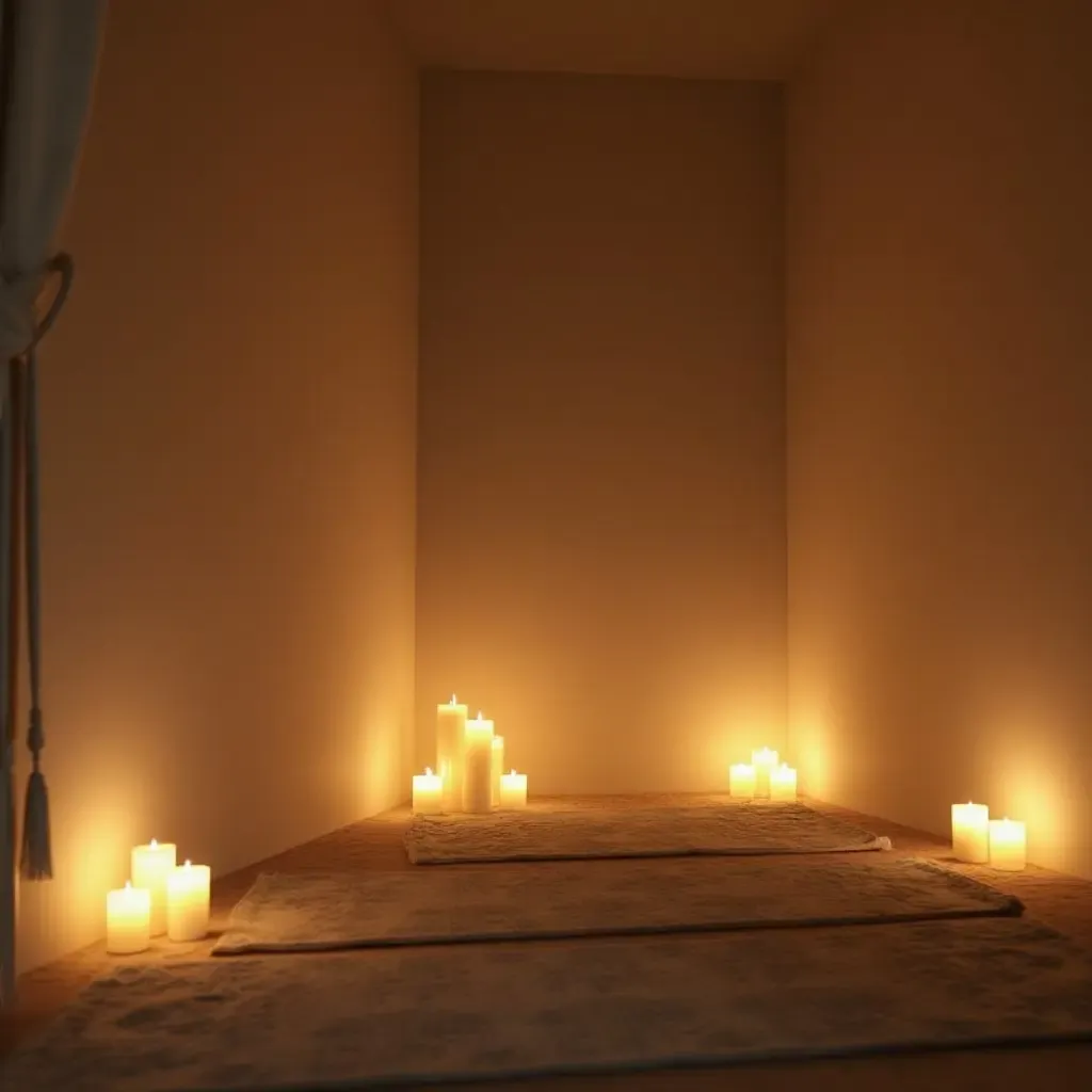 a photo of a tranquil meditation corner with candles and soft mats