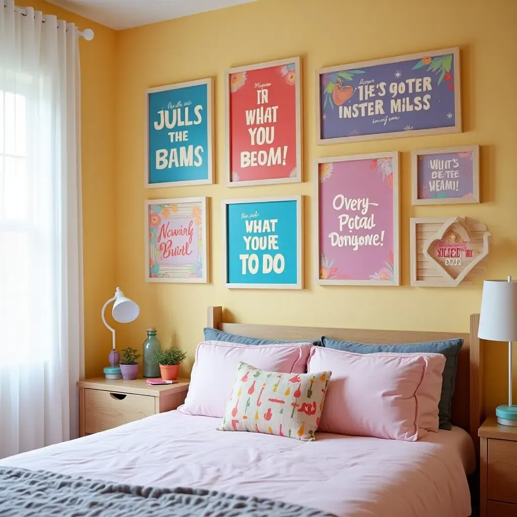 a photo of a colorful gallery wall with painted quotes and vibrant backgrounds in a cheerful teen room