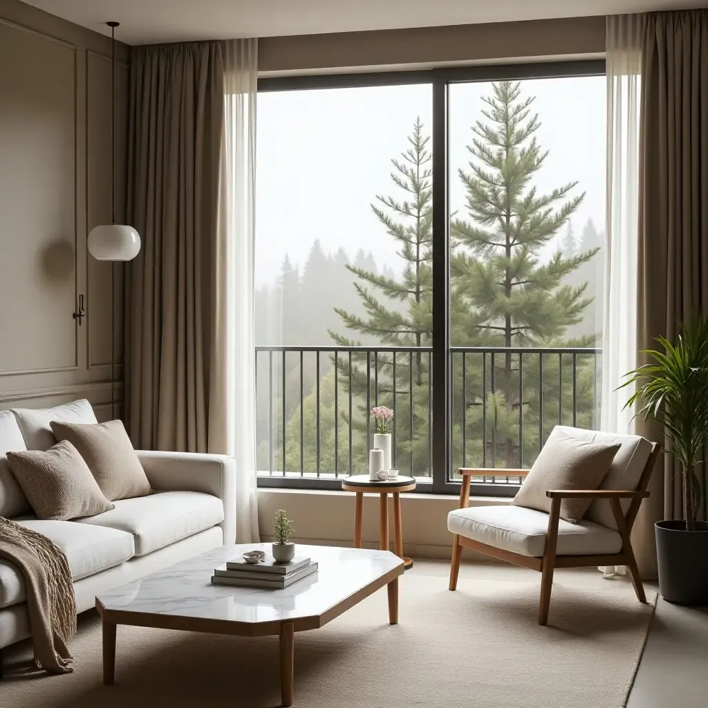 a photo of a serene balcony retreat with marble tabletops and cozy textiles