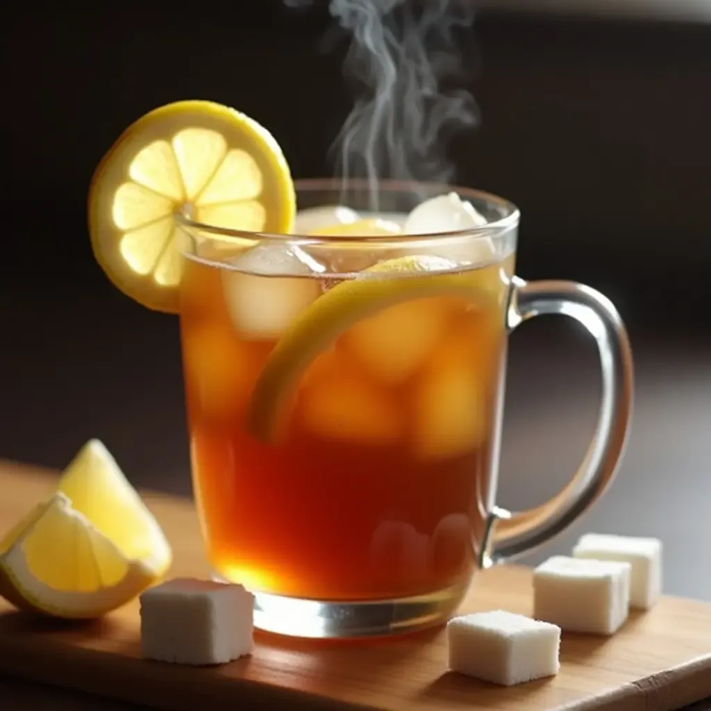 a photo of a steaming cup of Mazagran, a Portuguese iced coffee, with lemon slices and sugar cubes.