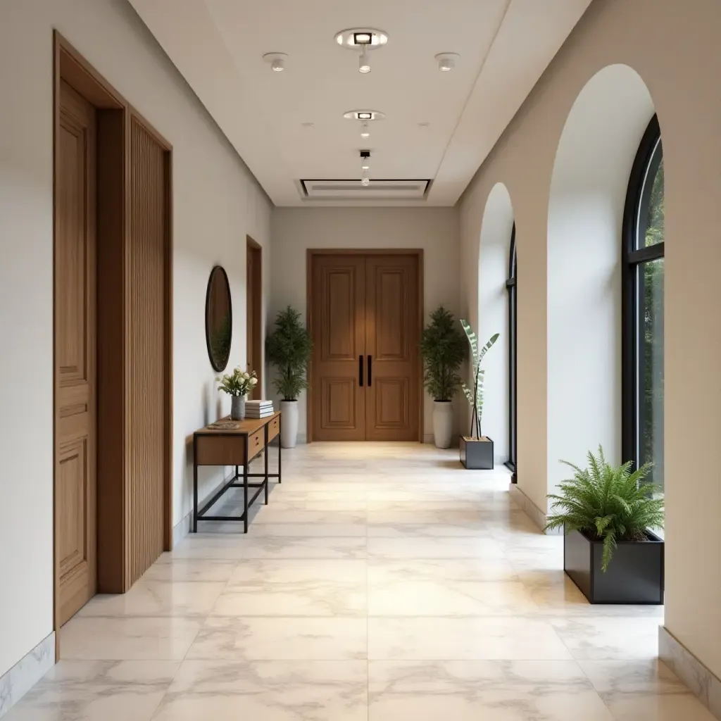 a photo of a stylish corridor with a mix of modern and traditional Mediterranean elements