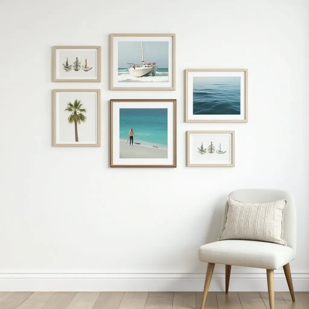 a photo of a gallery wall with a nautical theme and ocean prints