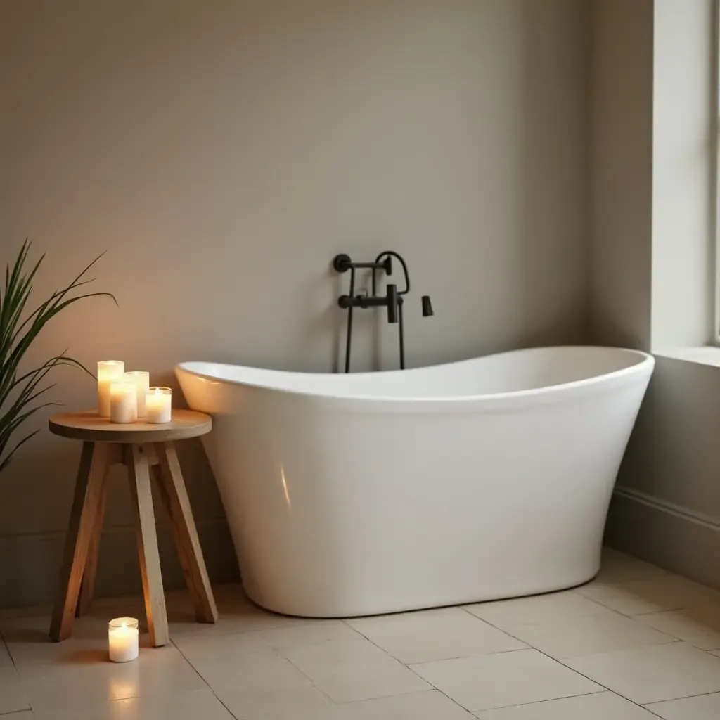 a photo of a wooden stool next to a freestanding bathtub with candles