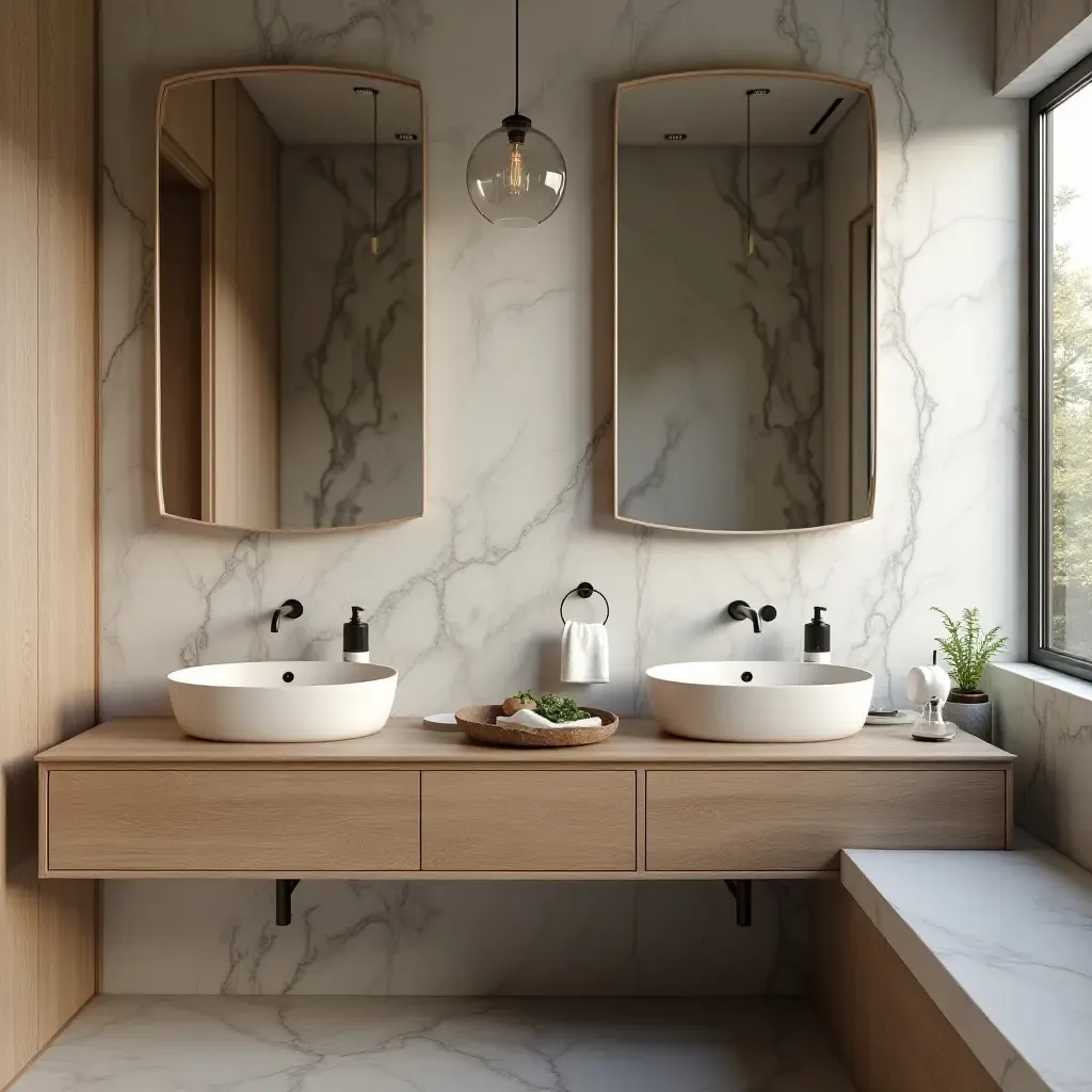 a photo of a bathroom with a rustic wooden countertop and elegant fixtures