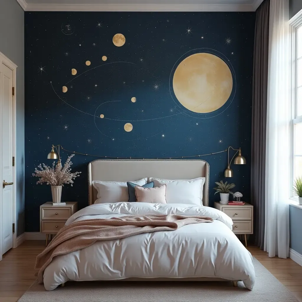 a photo of a celestial gallery wall with star maps and moon phases in a dreamy teen bedroom