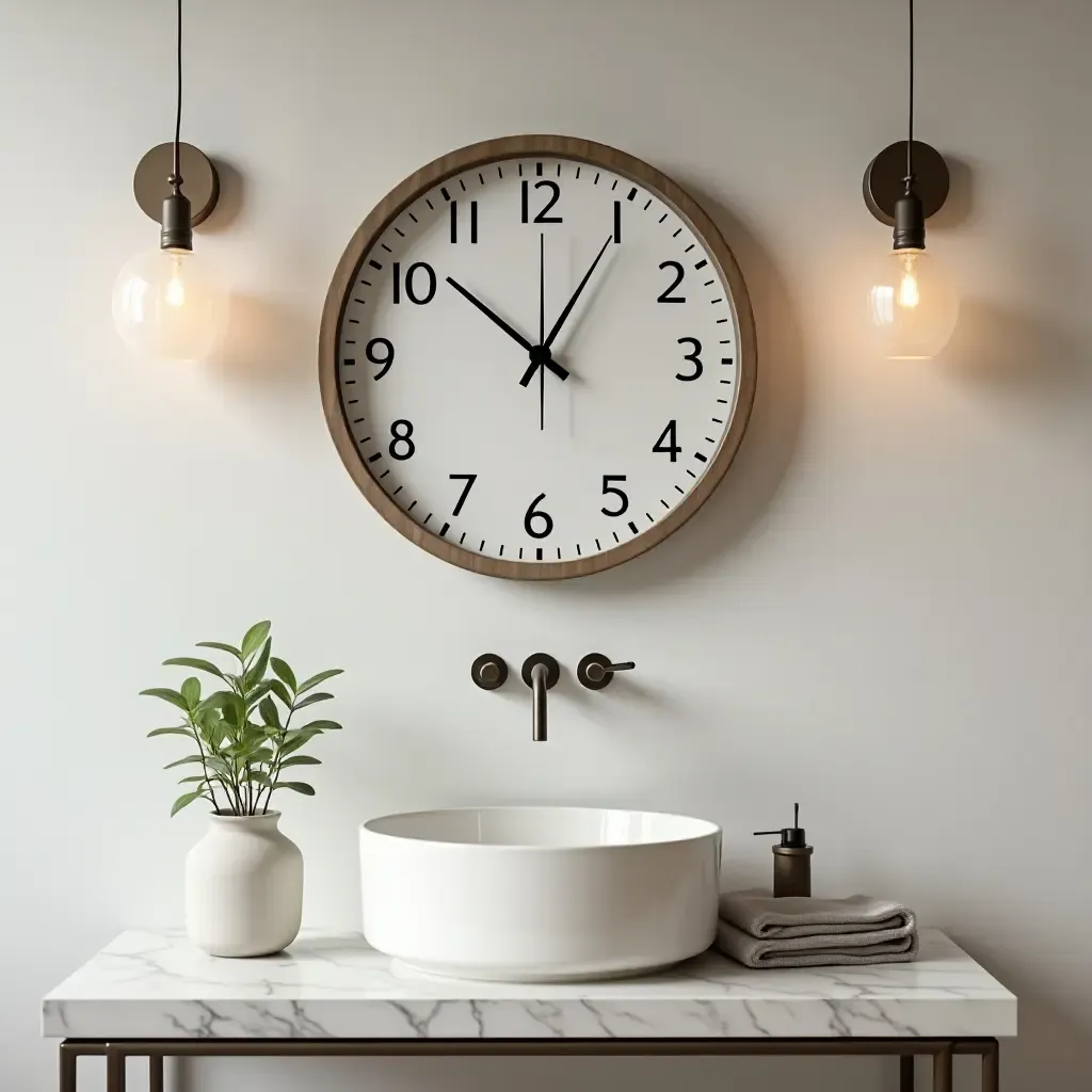 a photo of a stylish wall clock as functional art in a bathroom