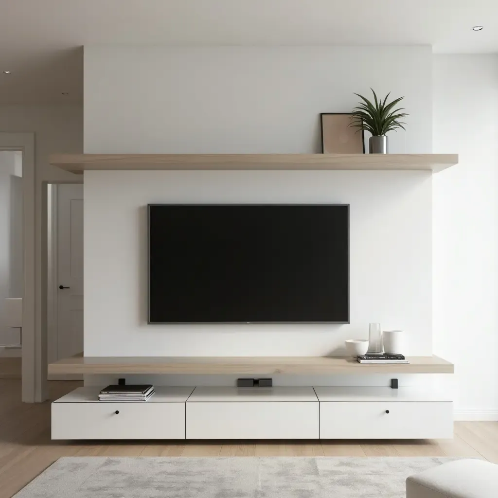 a photo of a minimalist living space featuring a TV framed by elegant shelves above the mantel