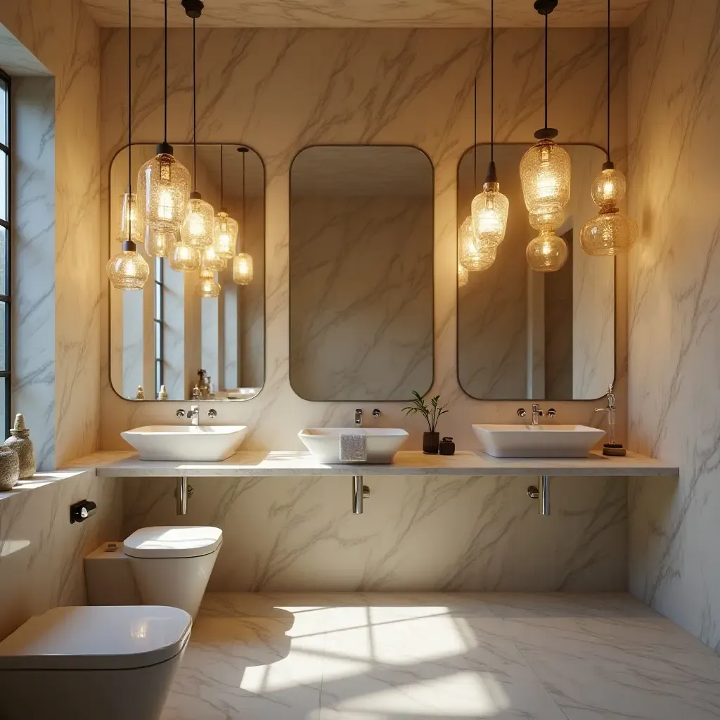 a photo of an artistic bathroom featuring pendant lights with abstract designs