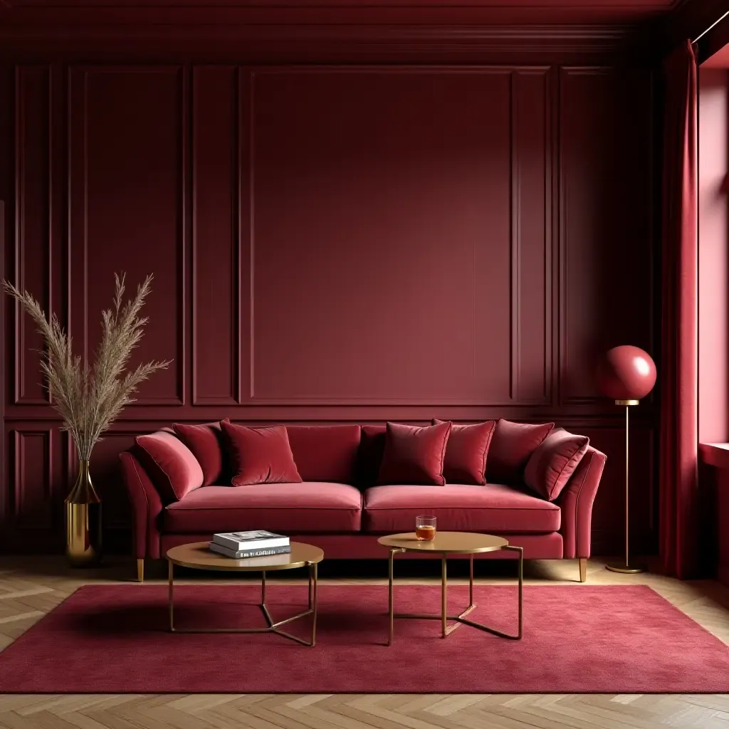 a photo of a maroon living room with elegant gold accents and plush velvet furniture