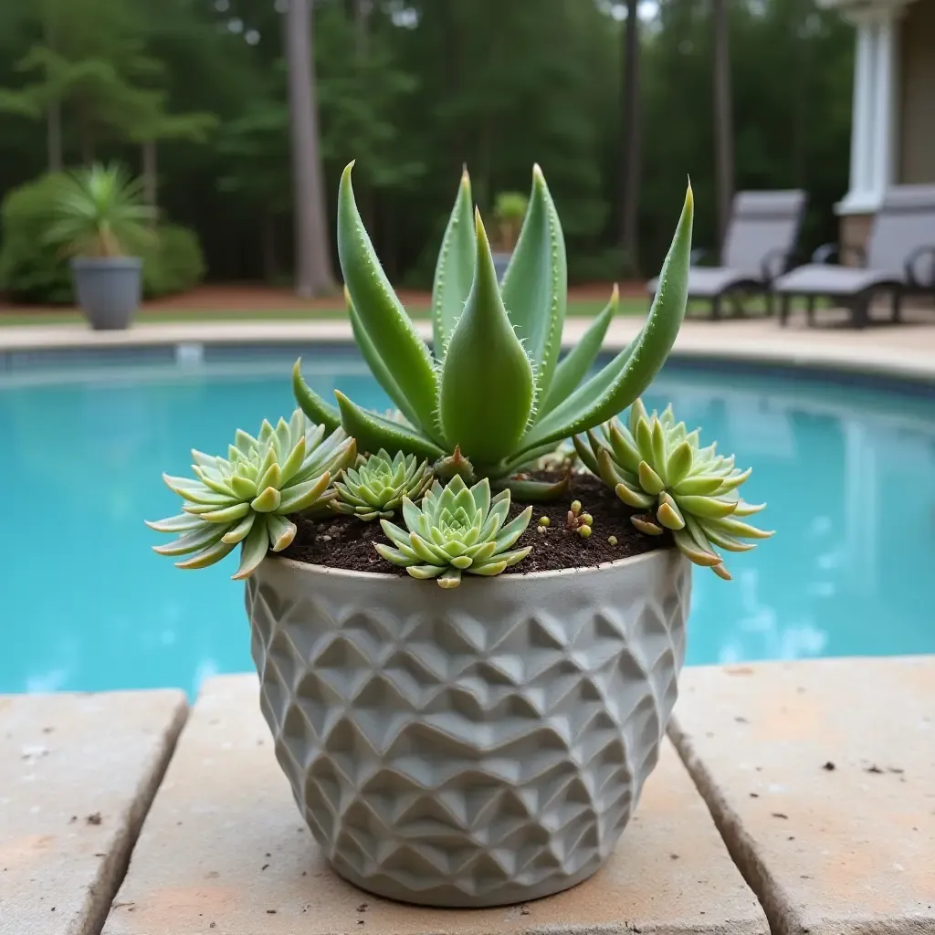 a photo of a DIY succulent garden in poolside pots