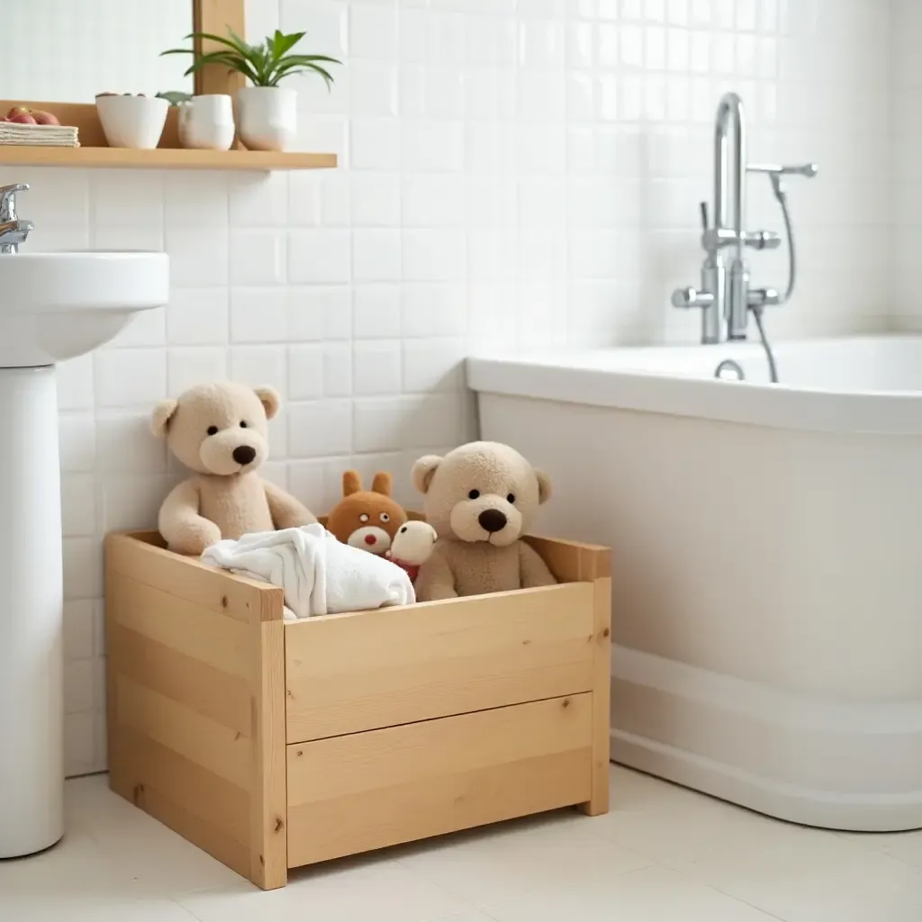 a photo of a wooden storage box for bath toys in a family bathroom