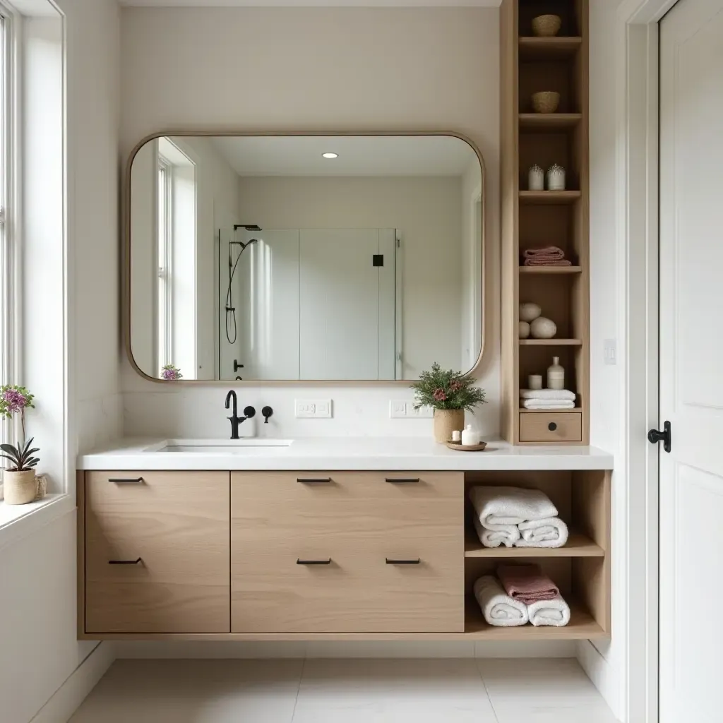 a photo of a bathroom with a chic vanity filled with storage