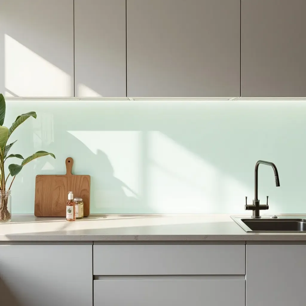 a photo of a minimalist glass backsplash reflecting natural light in a Scandinavian kitchen