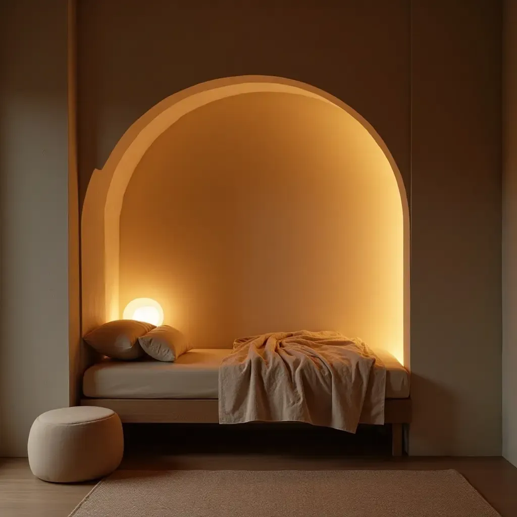 a photo of a cozy nook with a minimalist design and warm lighting