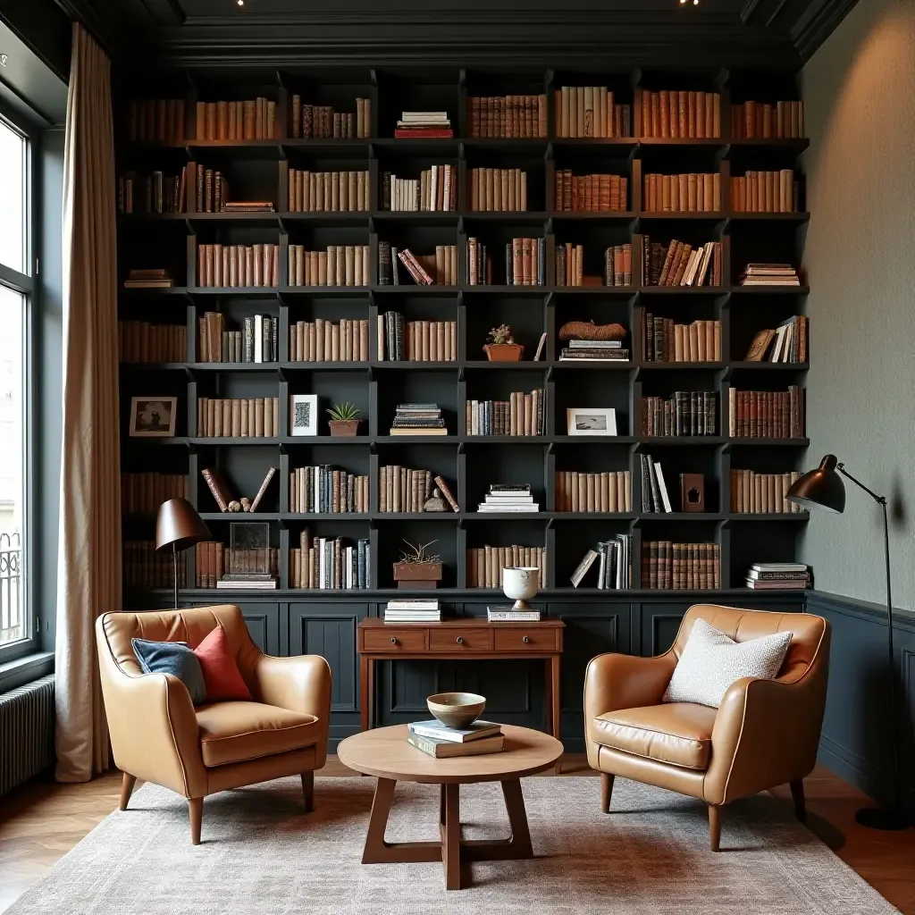 a photo of a library with a mix of modern and vintage decor