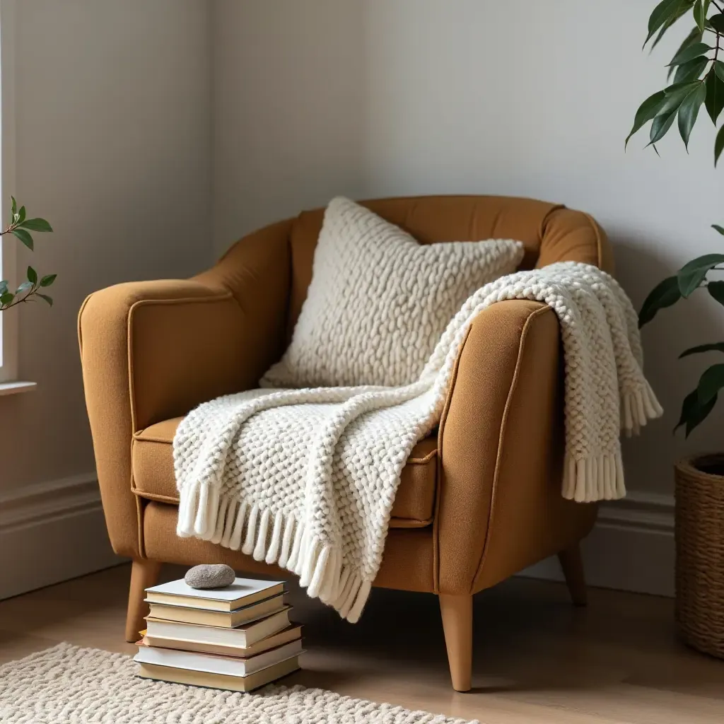 a photo of an inviting armchair with a knitted throw and a stack of books