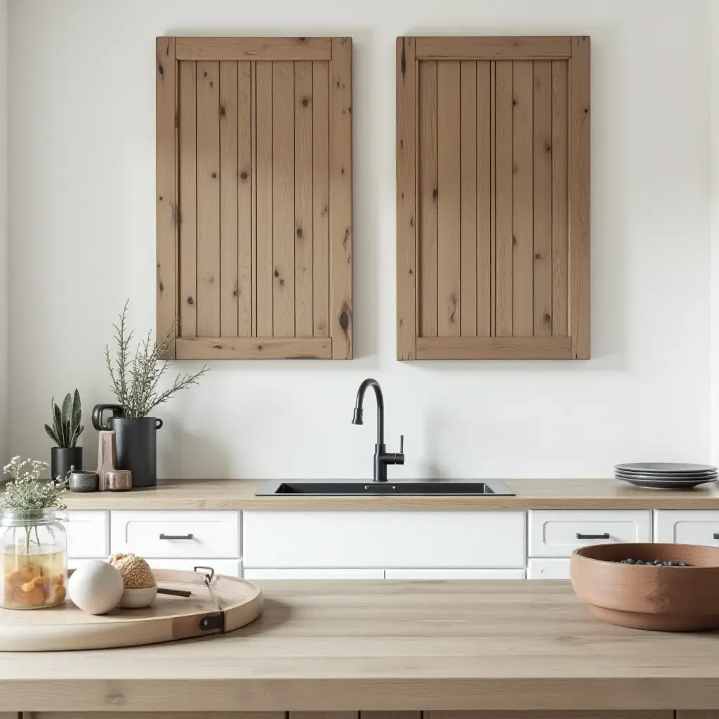 a photo of rustic wooden wall art in a farmhouse kitchen